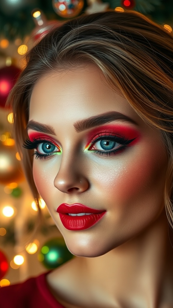 Close-up of a Christmas makeup look with glittery eyeshadow, blush, and red lipstick against a festive background.